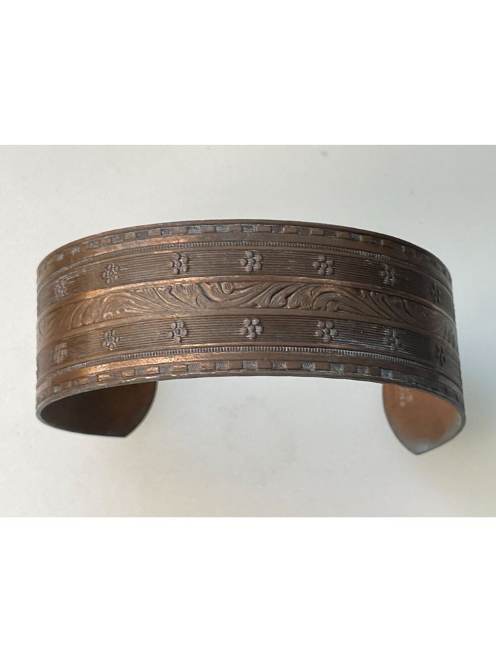 Vintage Renoir Era Solid Copper Wide Stamped Tooled Floral Western Cuff Bracelet